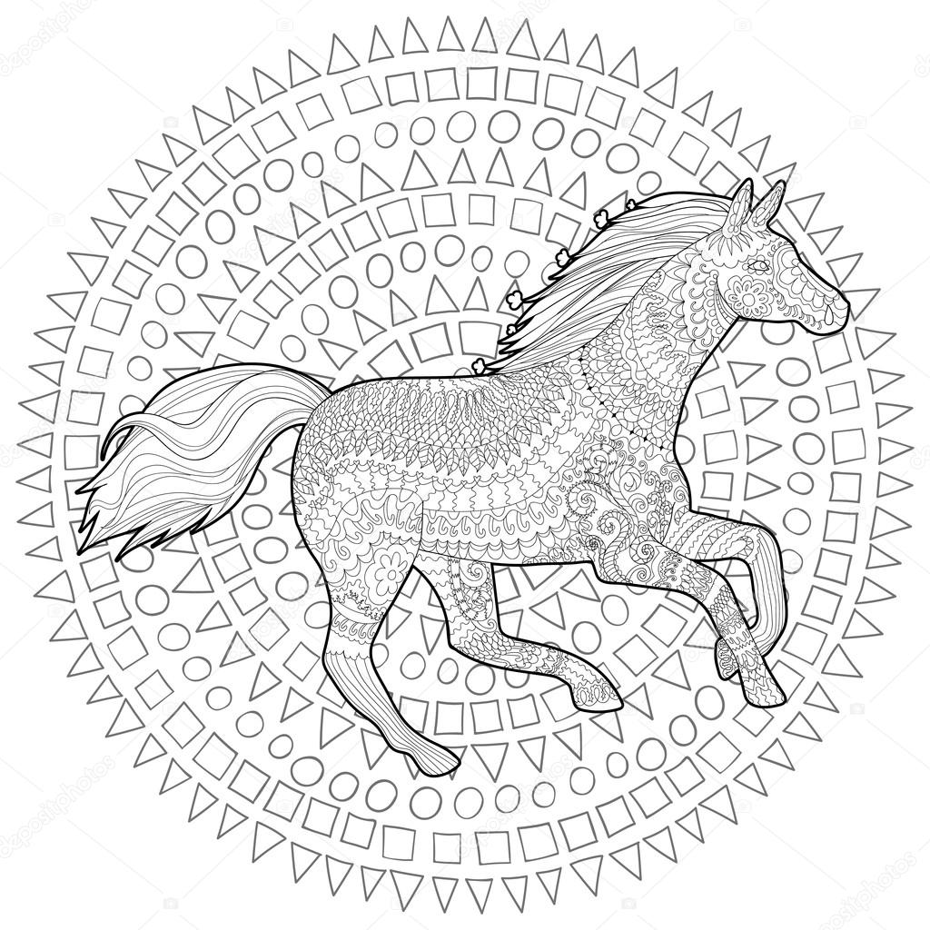 Adult Coloring Page For Antistress Art Therapy Running Horse In Zentangle Style Template T Shirt Tattoo Poster Or Cover Vector Illustration
