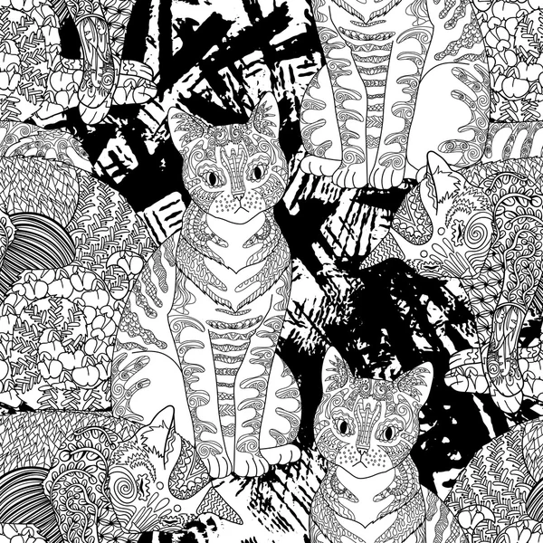 Hohe detaillierte nahtlose Muster mit Katze. — Stockvektor