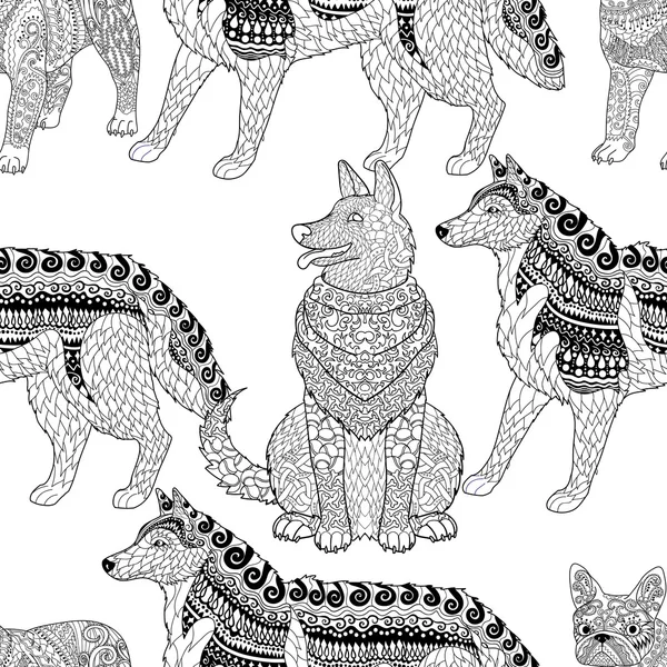 Hög detaljerad sömlös mönster med hundar. — Stock vektor