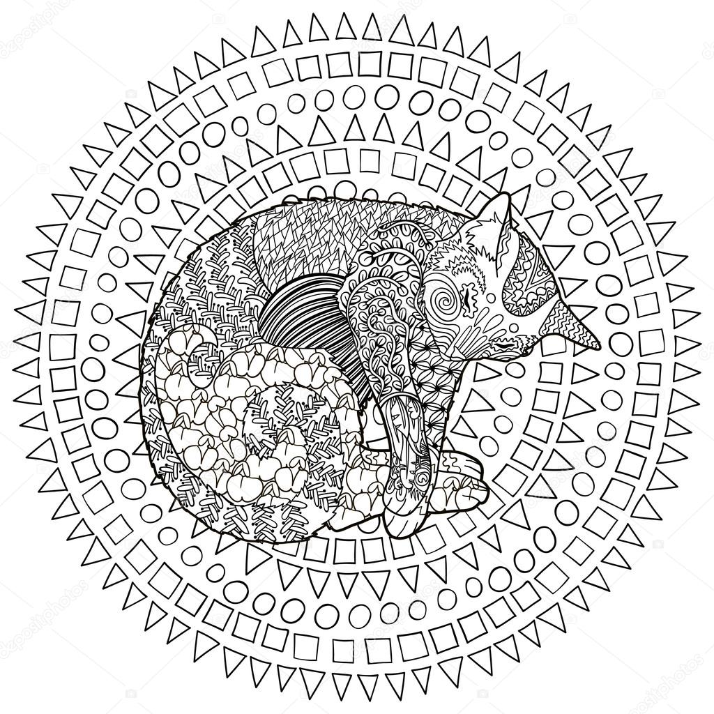High detail patterned cat in zentangle style. Adult coloring page for anti stress art therapy with domestic animal. Template with cute pet for t-shirt, tattoo, poster or logo. Vector illustration.