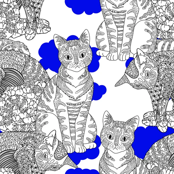 Hög detaljerad sömlösa mönster med katt. — Stock vektor