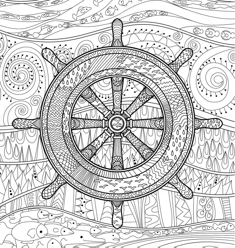 Adulto da colorare antistress con volantino marino Modello astratto con elementi oceanici per rilassarsi da colorare per i pi¹ grandi in stile zentangle