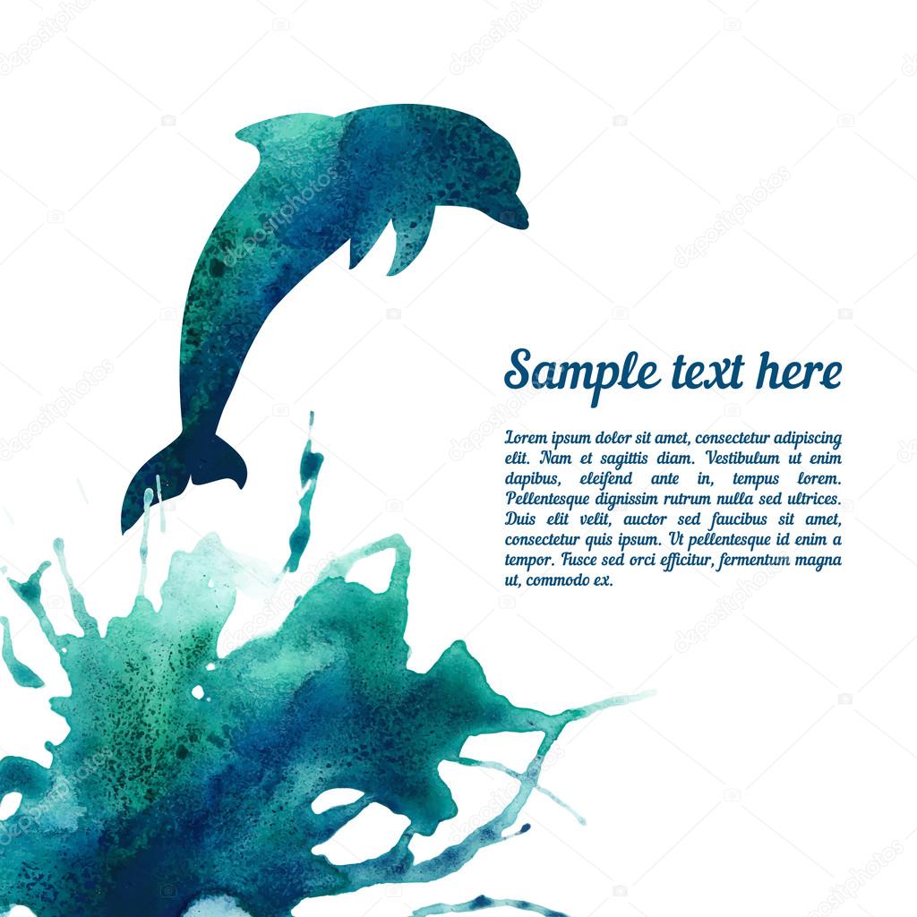 Vector card template with watercolor dolphin .