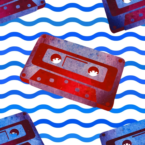 Patrón sin costuras - acuarela retro audiocassette . — Vector de stock