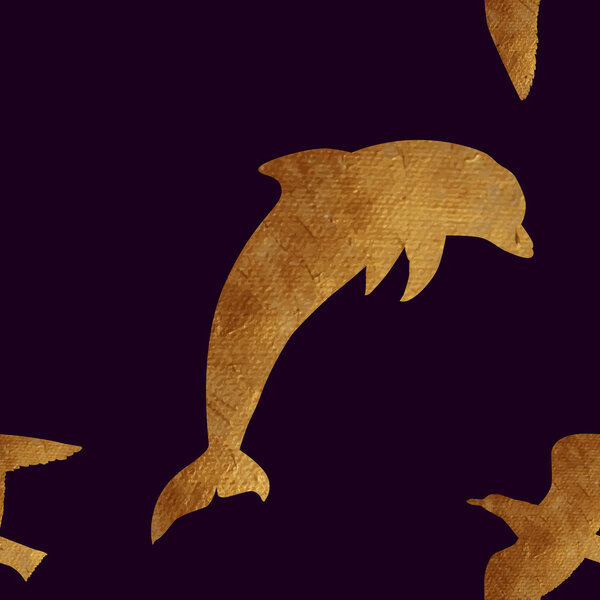 pattern with golden birds and dolphin.