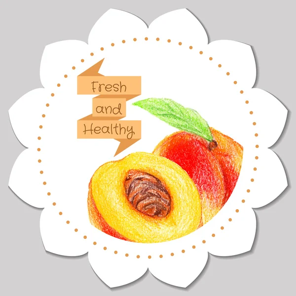 Stickervorlage. gesunder und frischer Pfirsich. — Stockvektor