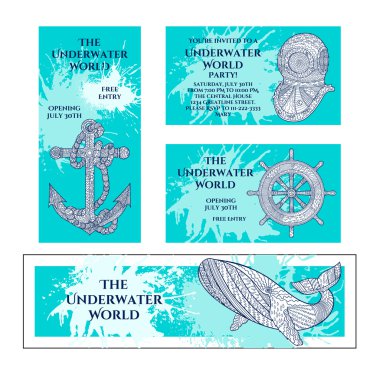 Deniz zentangle afiş kümesi.