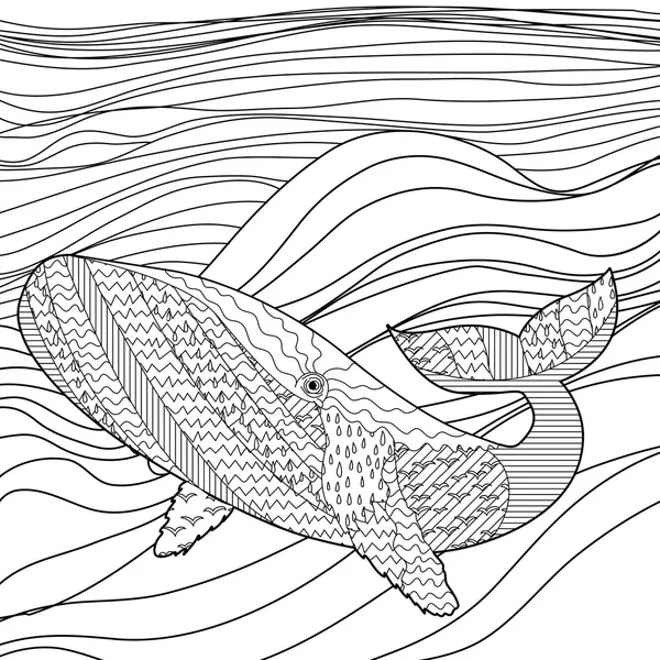 Baleine dans les vagues pour colorier anti stress . — Image vectorielle