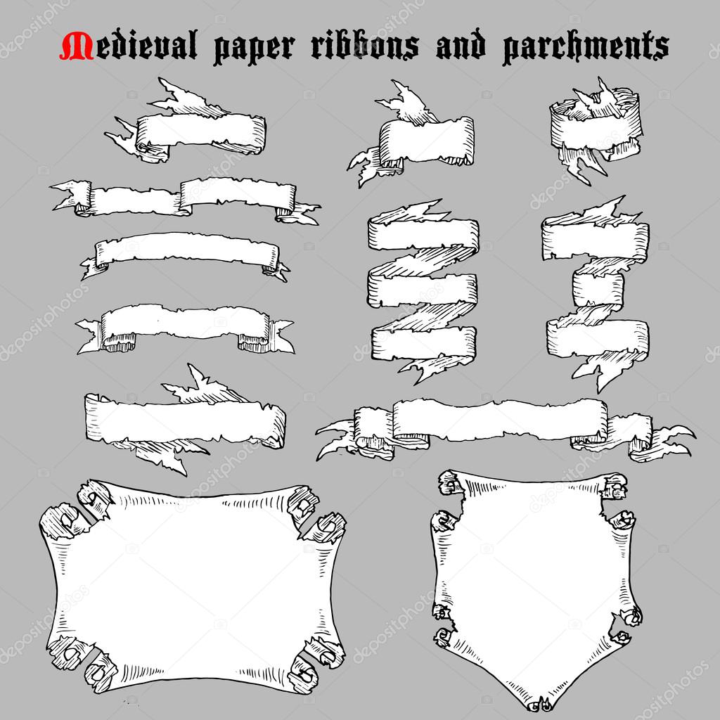 Ribbons and parchments in medieval engraving style.
