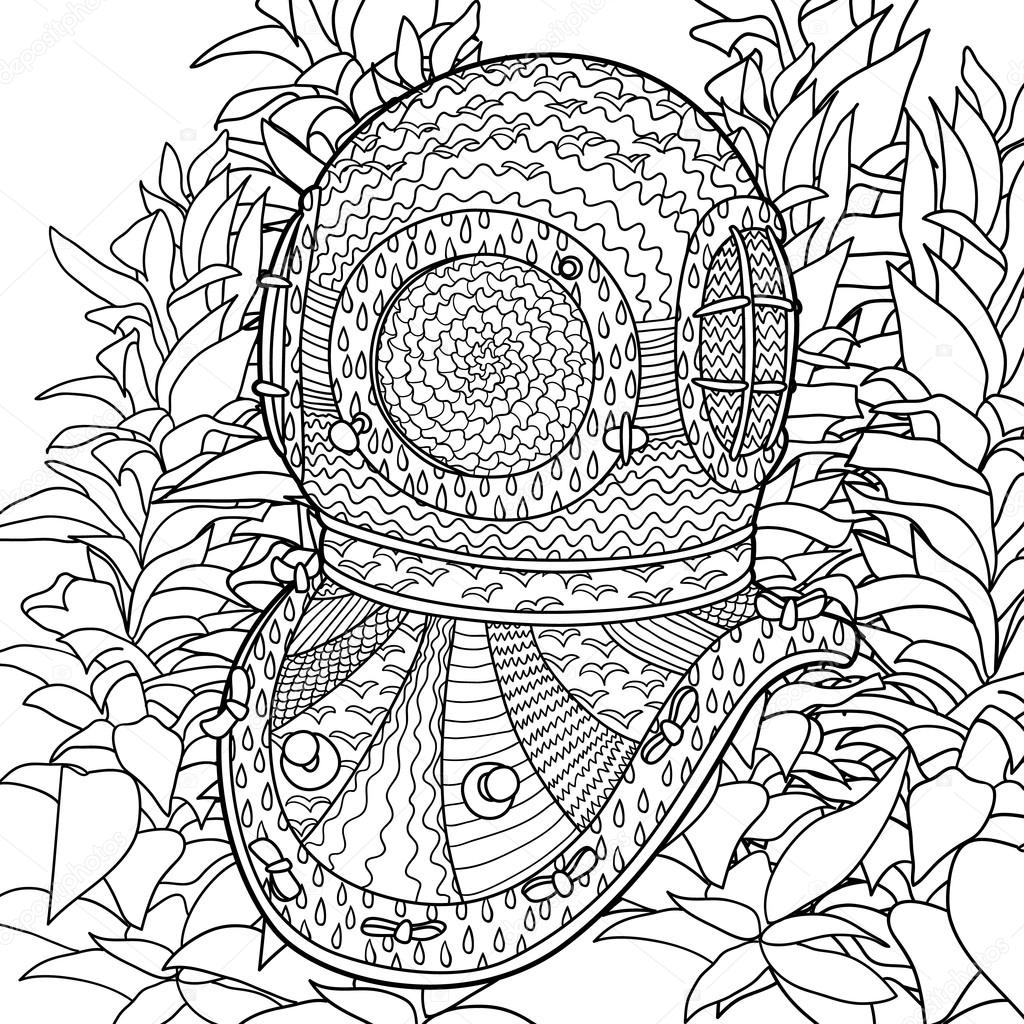 Divers helmet in coloring pages for adults.
