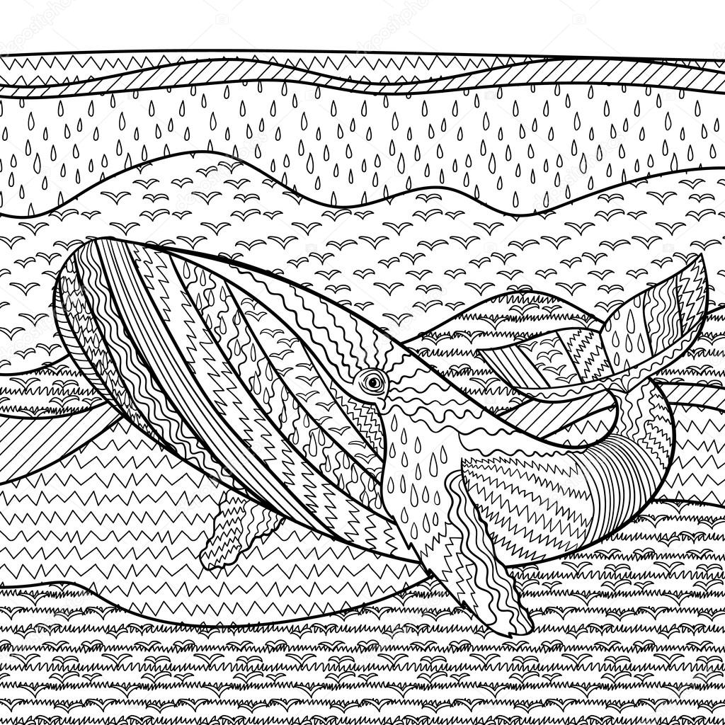 Whale in the waves for anti stress coloring page.