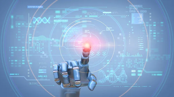 Robot el dokunuşu, Kullanıcı arayüzü dokunmatik ekran yapay zeka dijital fütüristik teknoloji konsepti, 3D görüntüleme.
