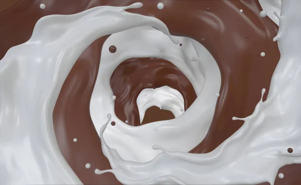 Percikan Coklat Dan Campuran Susu Berputar Cairan Abstrak Rendering — Stok Foto