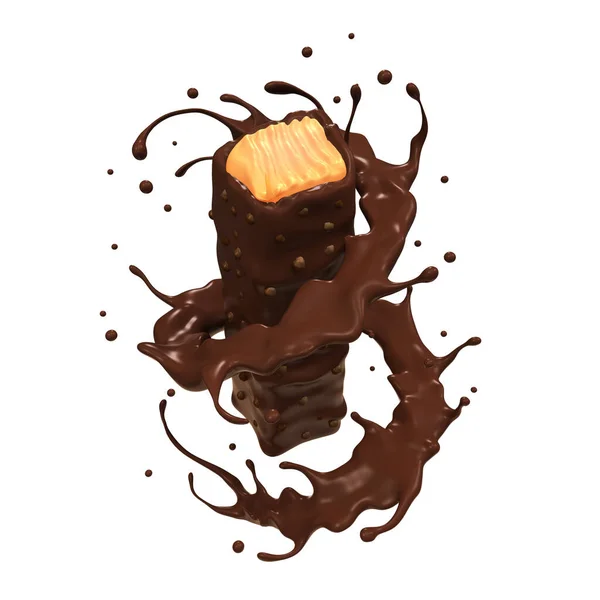Csokoládé Bar Töltött Karamell Csokoládé Áramló Renderelés — Stock Fotó