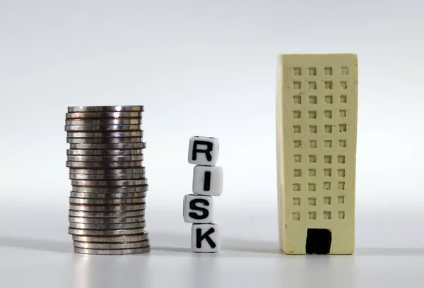 Risk Management Concept White Cubes Risk Word Miniature Building Pile — Stock Photo, Image