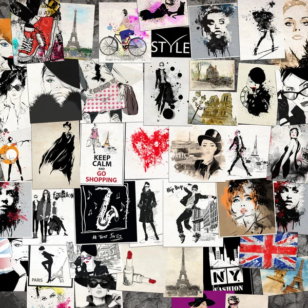 Fashion collage med freehand ritningar — Stockfoto