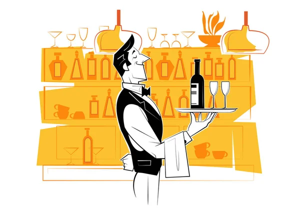 Serveur tenant un plateau en argent avec une bouteille de vin et des verres à vin. — Image vectorielle
