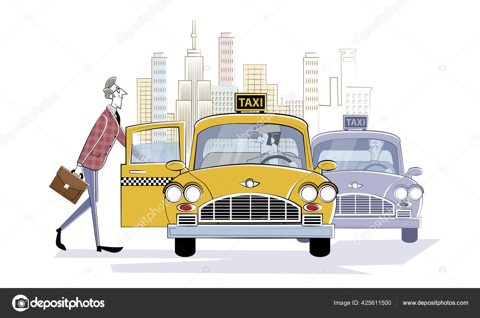 택시 기사. 큰 도시의 거리에서 택시를 타는 사람이 있습니다. 사업가가 회의에 서두른다. 벡터 일러스트. 스톡 벡터 -  ©Verlen4418 425611500, image size:1600x1061