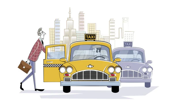 A encomendar um táxi. um entra em um carro de táxi na rua de uma cidade grande. Empresário a correr para a reunião. Ilustração vetorial. — Vetor de Stock