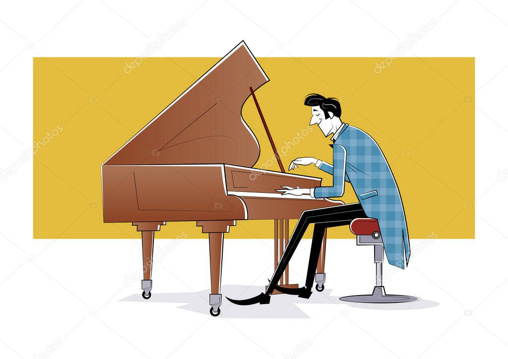 Pianist sits at the piano and plays music