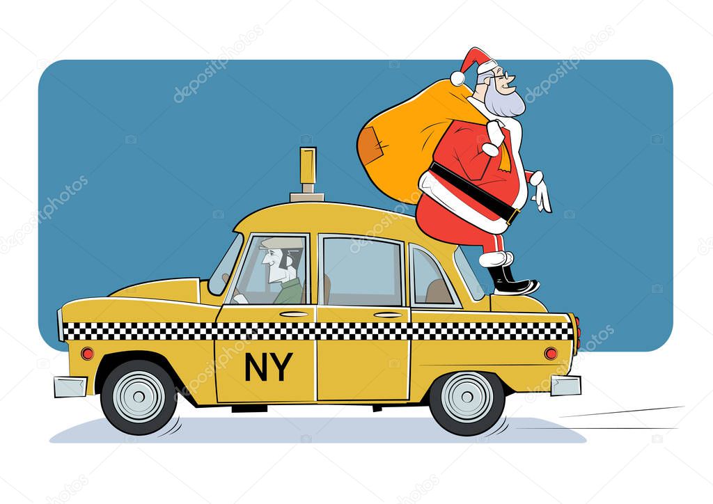 Santa Claus rides a taxi with a bag of gifts. Vector illustration