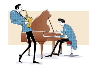 Piyano ve sahofonlu bir Jazz grubunun vektör illüstrasyonu