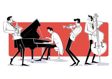 Çift baslı, saksafonlu ve piyanolu bir Jazz grubunun vektör çizimi