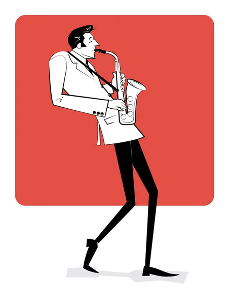Conceito para cartaz de jazz. Homem a tocar saxofone. Vintage mão desenhada ilustração, esboço. — Vetor de Stock