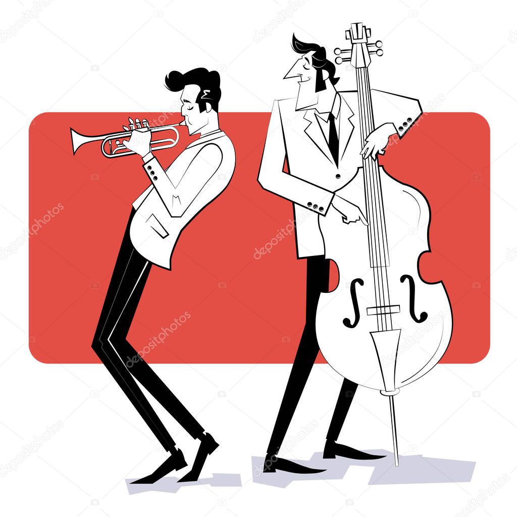 Two men playing trumpet and double bass on red background. Sketch style illustration.