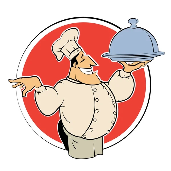 Belo Chef a servir o prato. Ilustração vetorial estilo retrô — Vetor de Stock