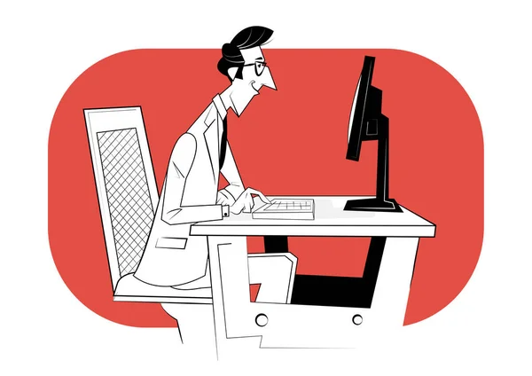 Homem sentado à mesa com computador. Ilustração vetorial — Vetor de Stock