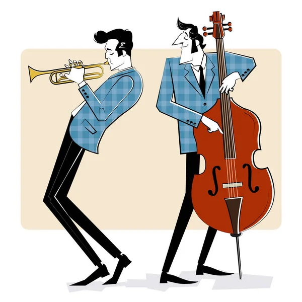 Two men playing trumpet and double bass on red background. Sketch style illustration. — Stock Vector