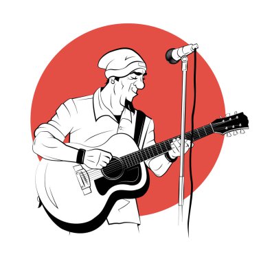 Kırmızı arka planda robot resim tarzında akustik gitarlı bir rockçı. Vektör illüstrasyonu.