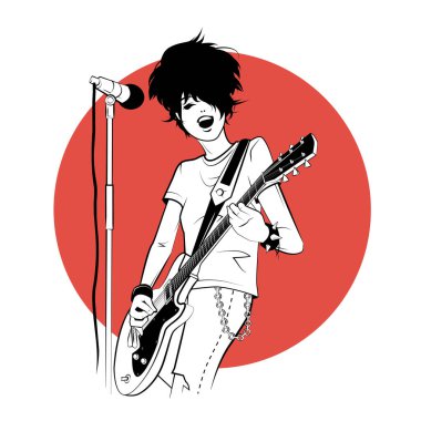 Kırmızı arka planda robot resim tarzında elektro gitarı olan bir rockçı. Vektör illüstrasyonu.