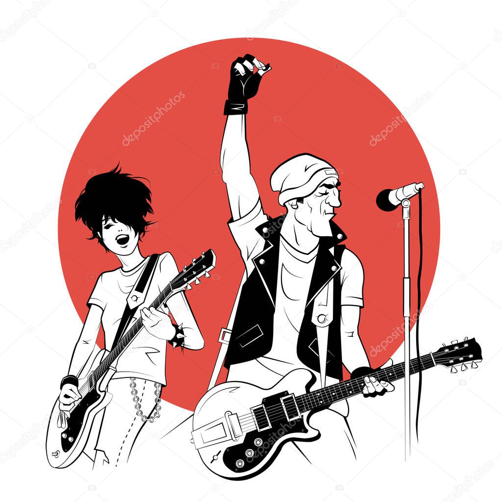 Rocker with electric guitar in sketch style on red background. Vector illustration.