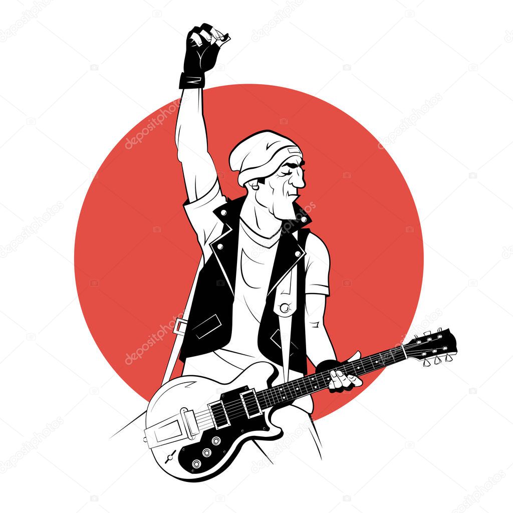 Rocker with electric guitar in sketch style on red background. Vector illustration.