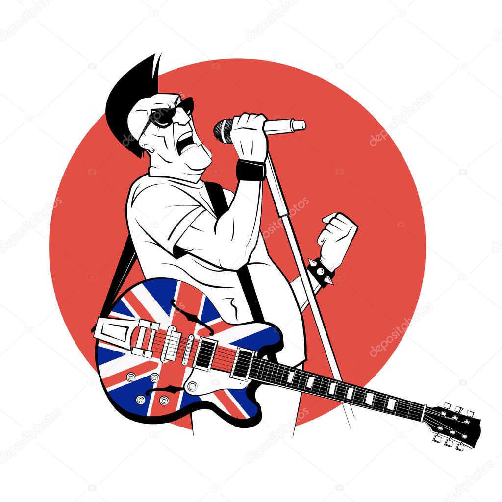 Old punk with electric guitar in sketch style on red background.