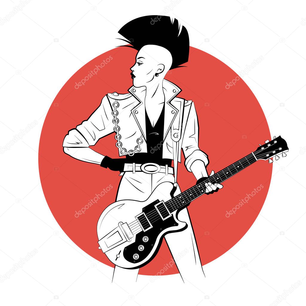 Young woman with electric guitar in sketch style on red background.