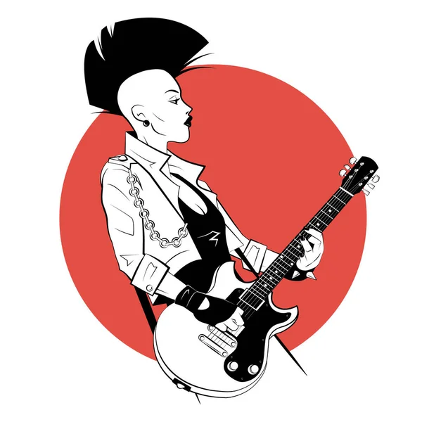 Jonge vrouw met elektrische gitaar in schets stijl op rode achtergrond. — Stockvector