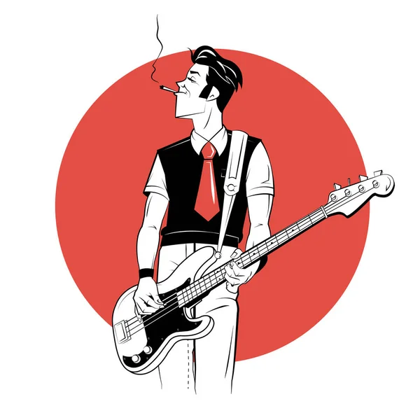 Rocker με ηλεκτρική κιθάρα σε στυλ σκίτσο σε κόκκινο φόντο. — Διανυσματικό Αρχείο