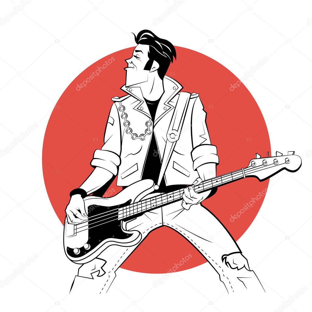 Rocker with electric guitar in sketch style on red background.