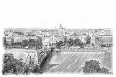 Macaristan 'ın Budapeşte kentindeki Macar Parlamentosu binasının güzel bir manzarasının çizimi.