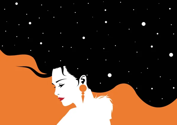 Ritratto di donna di bellezza con cielo notturno e stelle tra i capelli. Illustrazione vettoriale. — Vettoriale Stock