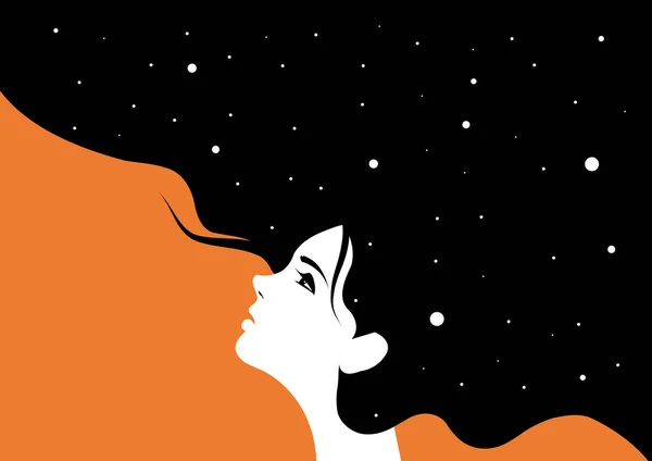 Portret pięknej kobiety z nocnym niebem i gwiazdami we włosach. Ilustracja wektora. — Wektor stockowy