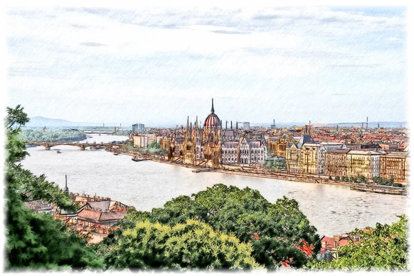 Desenho ilustrativo de uma bela vista do edifício do Parlamento húngaro em Budapeste, na Hungria. — Fotografia de Stock