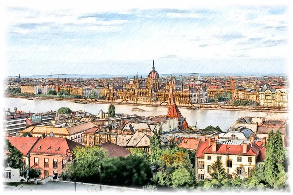 Szkic ilustrujący piękny widok na budynek węgierskiego parlamentu w Budapeszcie na Węgrzech. — Zdjęcie stockowe
