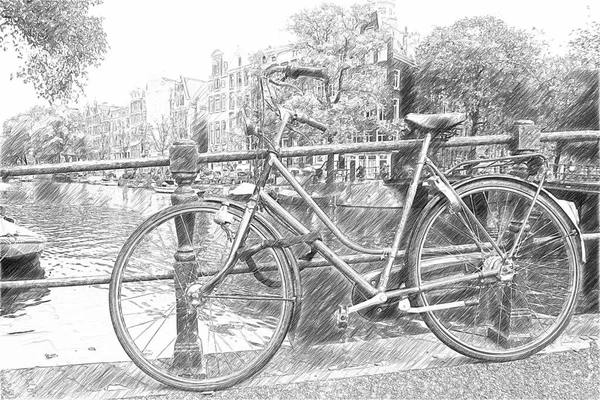 View of the street of Amsterdam. Bicycle on the bridge. — Stock Photo, Image