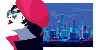 New York 'ta pop sanatları tarzında bir moda kızı. Vektör illüstrasyonu.