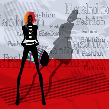 The fashionable girl with a bag on a red background clipart