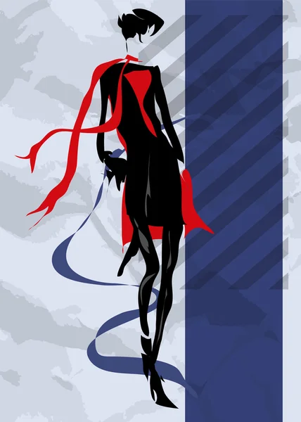 Das Mädchen in schwarzem Kleid und rotem Schal — Stockvektor